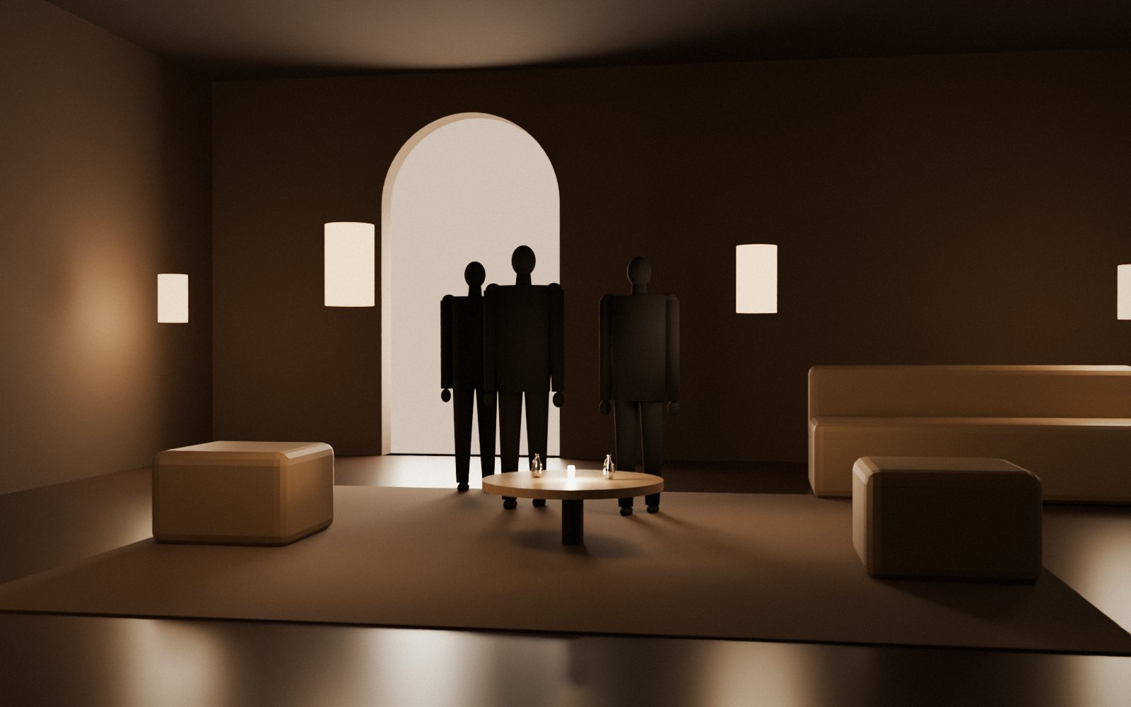 A private members' lounge at dusk, a small group in conversation
