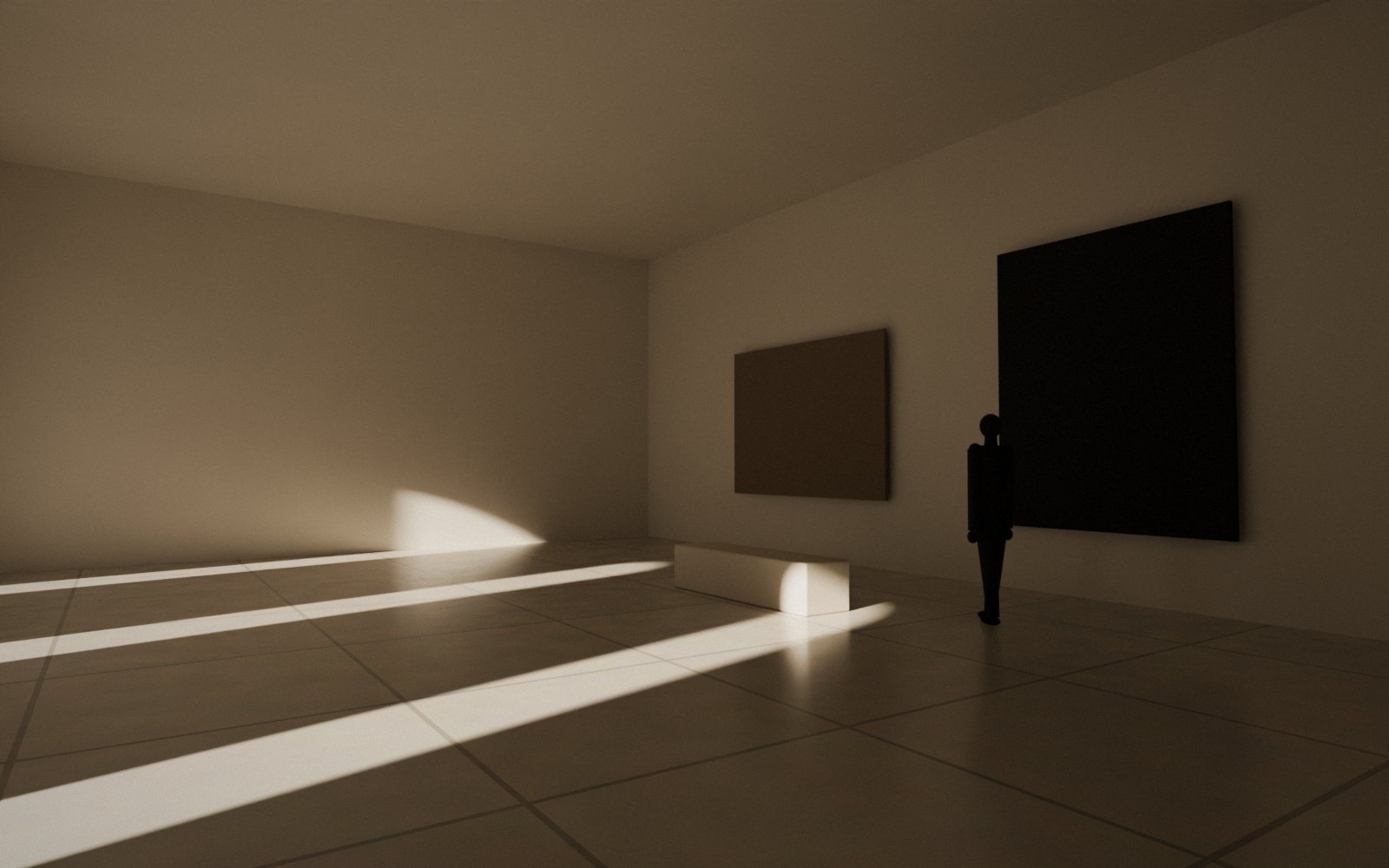 A quiet gallery interior with a lone figure and long bands of light