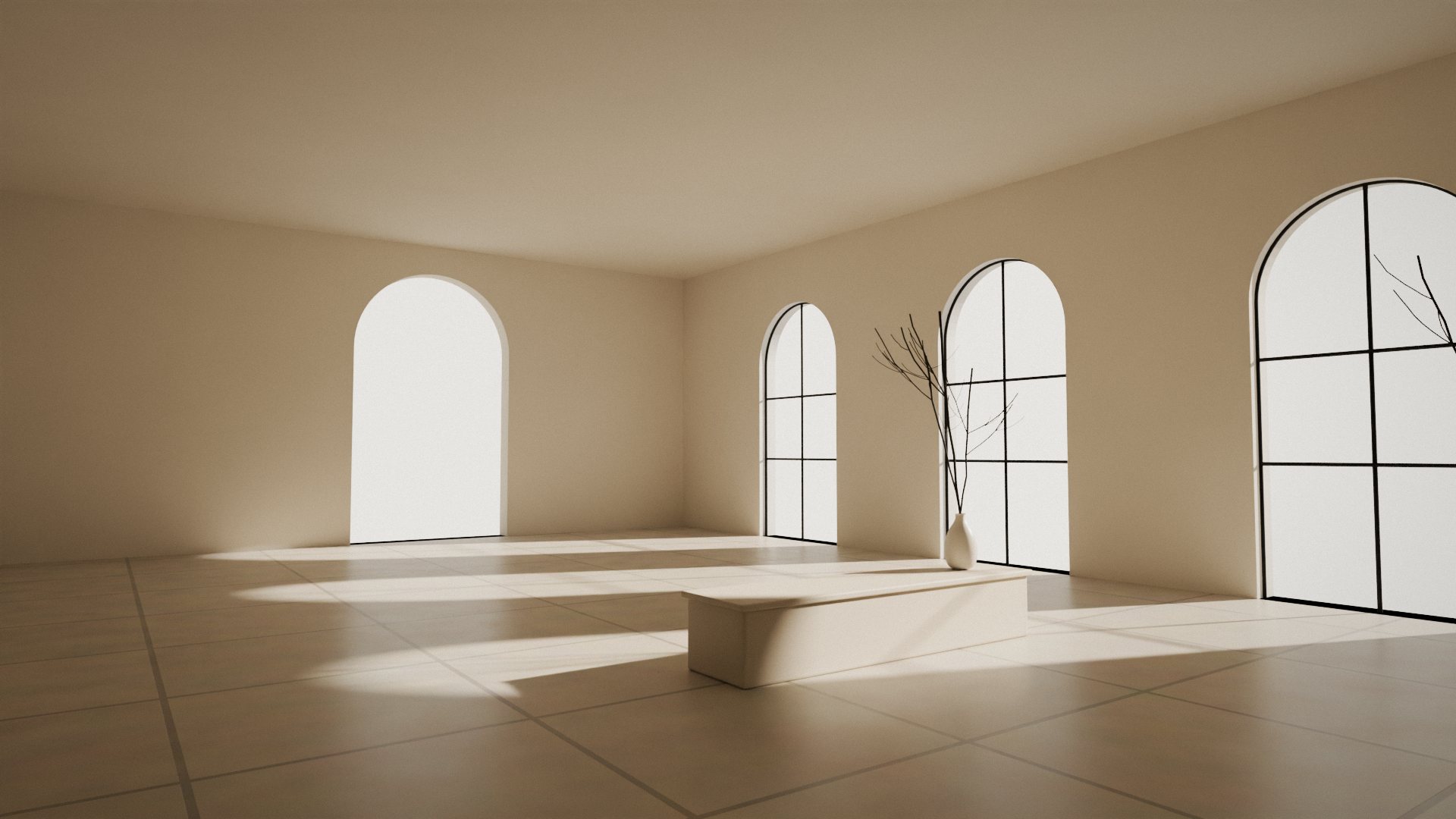 A quiet, light-filled room with tall arched windows