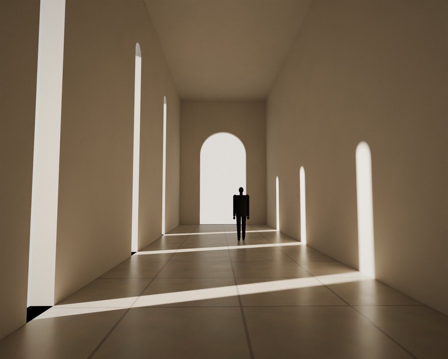 A man standing alone in a vast, quiet hall