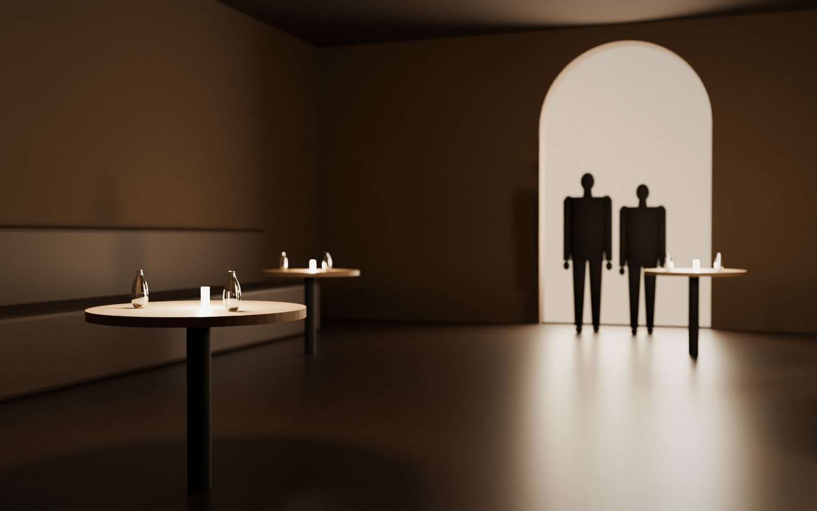 An intimate restaurant in warm evening light, two figures in quiet conversation